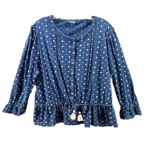 Lucky Brand Womens XL Blue Polka Dot Button-Up Blouse With Tassels & Ruffles - Picture 1 of 9